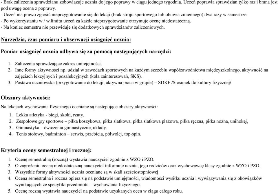 - Po wykorzystaniu w / w limitu uczeń za każde nieprzygotowanie otrzymuje ocenę niedostateczną. - Na koniec semestru nie przewiduje się dodatkowych sprawdzianów zaliczeniowych.