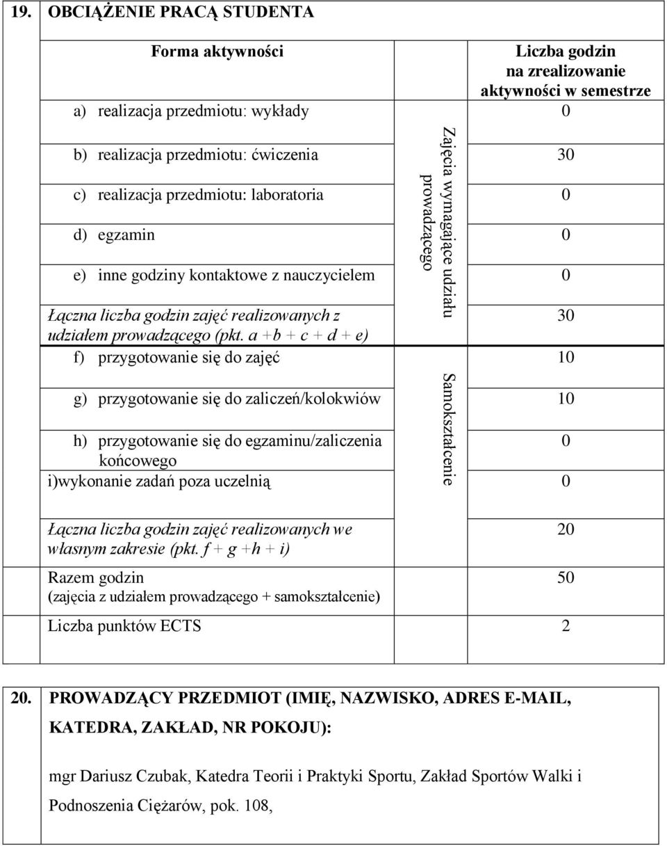 0 d) egzamin 0 e) inne godziny kontaktowe z nauczycielem 0 Łączna liczba godzin zajęć realizowanych z udziałem prowadzącego (pkt.