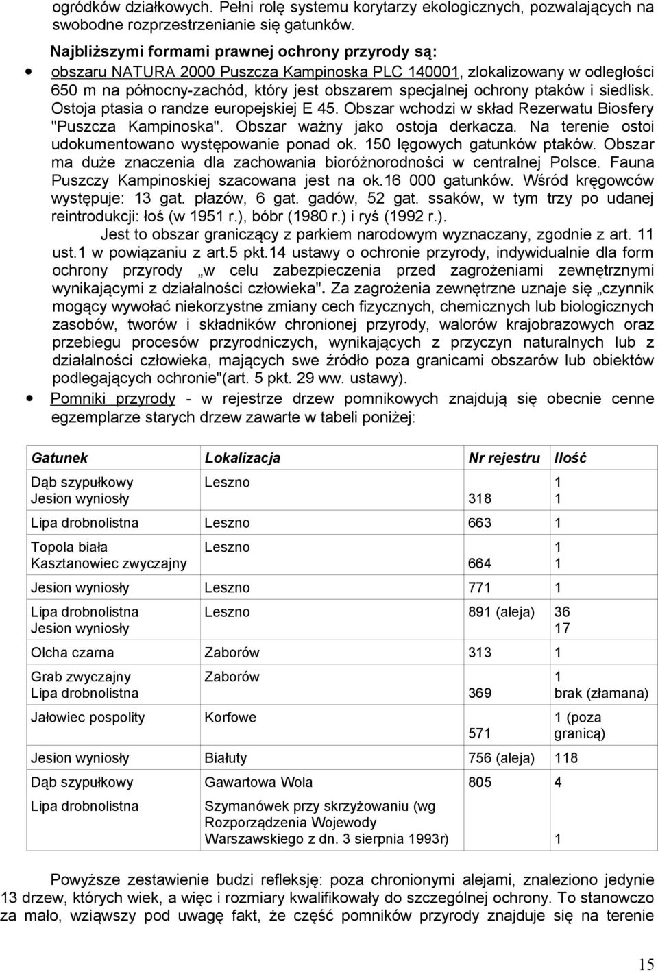 i siedlisk. Ostoja ptasia o randze europejskiej E 45. Obszar wchodzi w skład Rezerwatu Biosfery "Puszcza Kampinoska". Obszar ważny jako ostoja derkacza.