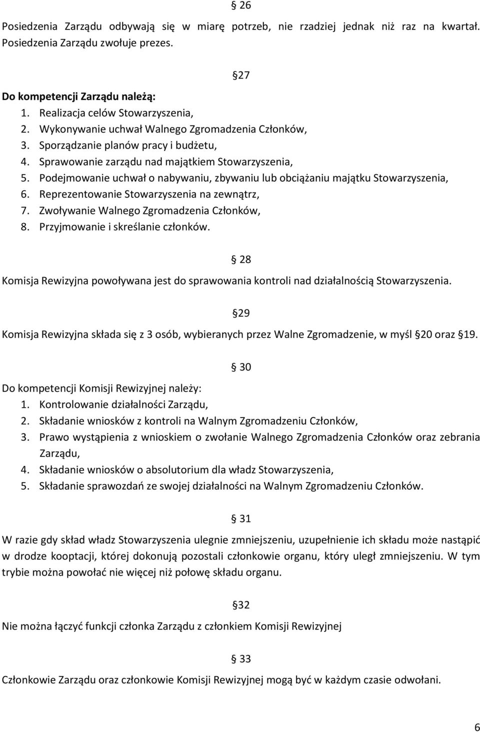 Podejmowanie uchwał o nabywaniu, zbywaniu lub obciążaniu majątku Stowarzyszenia, 6. Reprezentowanie Stowarzyszenia na zewnątrz, 7. Zwoływanie Walnego Zgromadzenia Członków, 8.