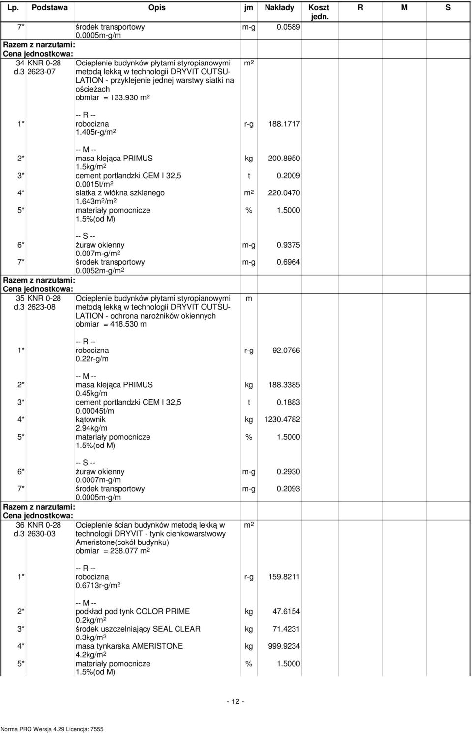 0470 2* masa klejąca PRIMUS 1.5kg/ 3* cement portlandzki CEM I 32,5 0.0015t/ 4* siatka z włókna szklanego 1.643 / m-g 0.9375 m-g 0.6964 6* Ŝuraw okienny 0.007m-g/ 7* środek transportowy 0.
