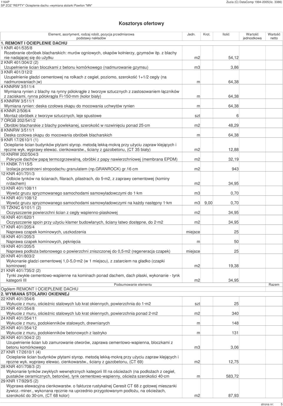 z blachy nie nadajcej si do uytku m2 54,12 2 KNR 401/304/2 (2) Uzupełnienie cian bloczkami z betonu komórkowego (nadmurowanie gzymsu) m3 3,86 3 KNR 401/312/2 Uzupełnienie gładzi cementowej na rolkach