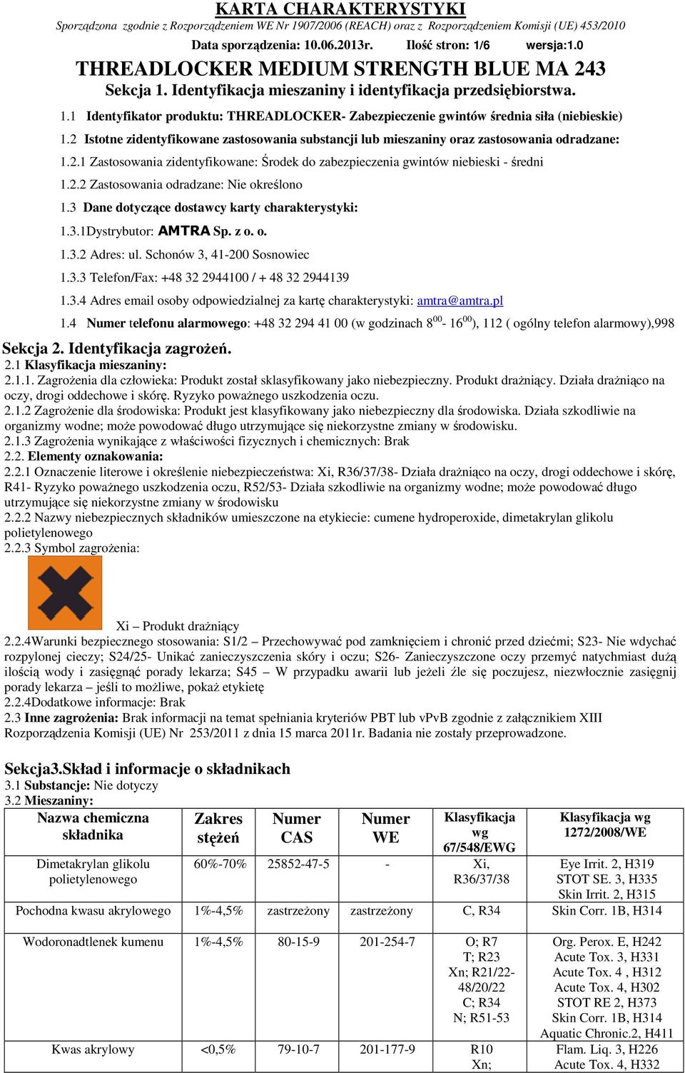 3 Dane dotyczące dostawcy karty charakterystyki: 1.3.1Dystrybutor: AMTRA Sp. z o. o. 1.3.2 Adres: ul. Schonów 3, 41-200 Sosnowiec 1.3.3 Telefon/Fax: +48 32 2944100 / + 48 32 2944139 1.3.4 Adres email osoby odpowiedzialnej za kartę charakterystyki: amtra@amtra.