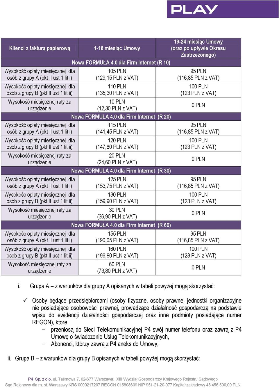 0 dla Firm Internet (R 20) 115 PLN (141,45 PLN z VAT) 12 (147,6 z VAT) 2 (24,6 z VAT) Nowa FORMUŁA 4.