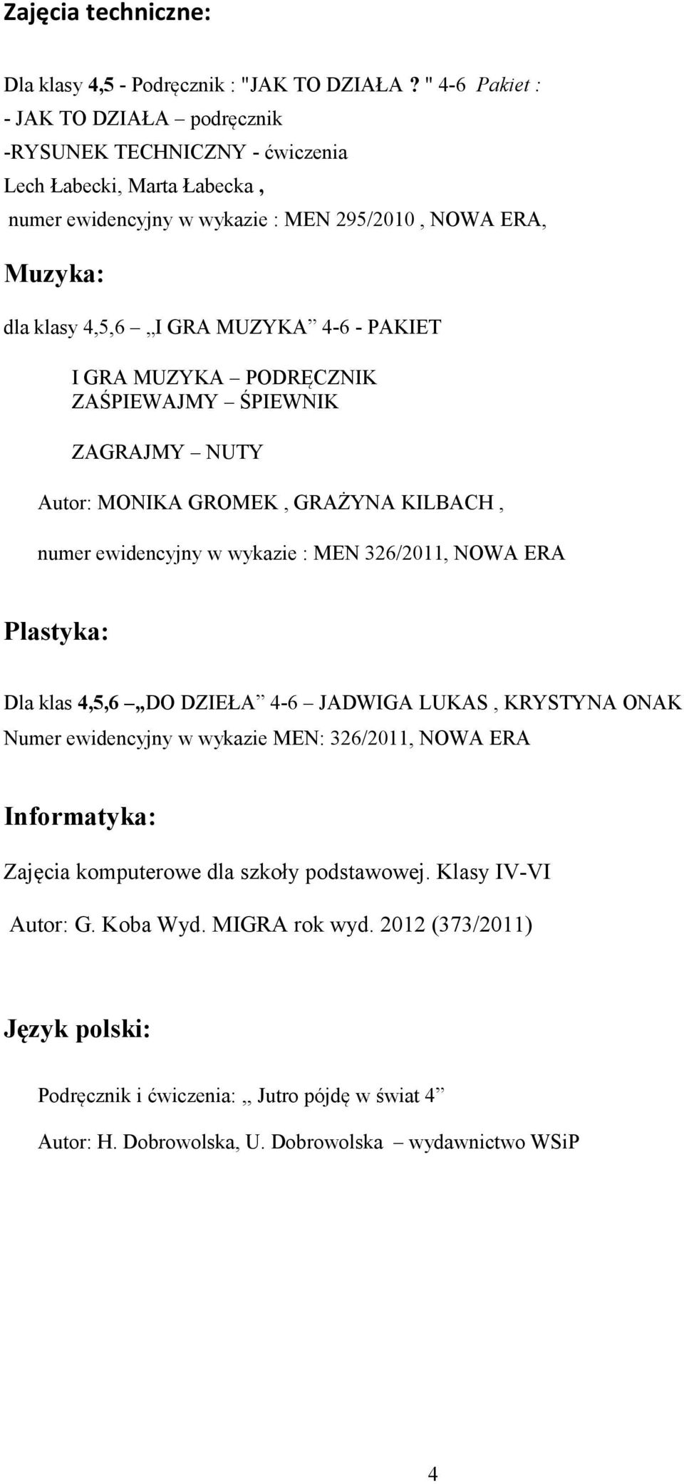 4-6 - PAKIET I GRA MUZYKA PODRĘCZNIK ZAŚPIEWAJMY ŚPIEWNIK ZAGRAJMY NUTY Autor: MONIKA GROMEK, GRAŻYNA KILBACH, numer ewidencyjny w wykazie : MEN 326/2011, NOWA ERA Plastyka: Dla klas 4,5,6 DO