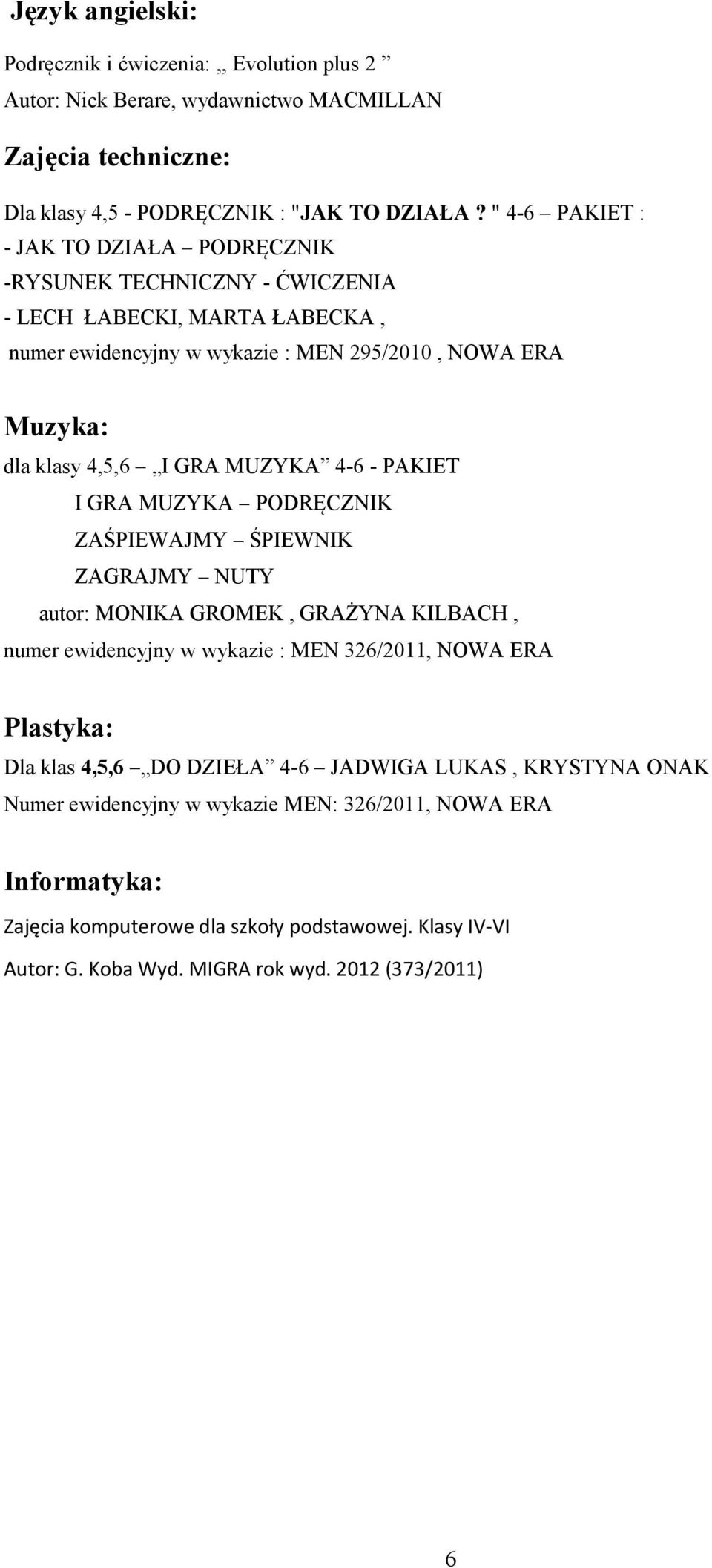 MUZYKA 4-6 - PAKIET I GRA MUZYKA PODRĘCZNIK ZAŚPIEWAJMY ŚPIEWNIK ZAGRAJMY NUTY autor: MONIKA GROMEK, GRAŻYNA KILBACH, numer ewidencyjny w wykazie : MEN 326/2011, NOWA ERA Plastyka: Dla klas