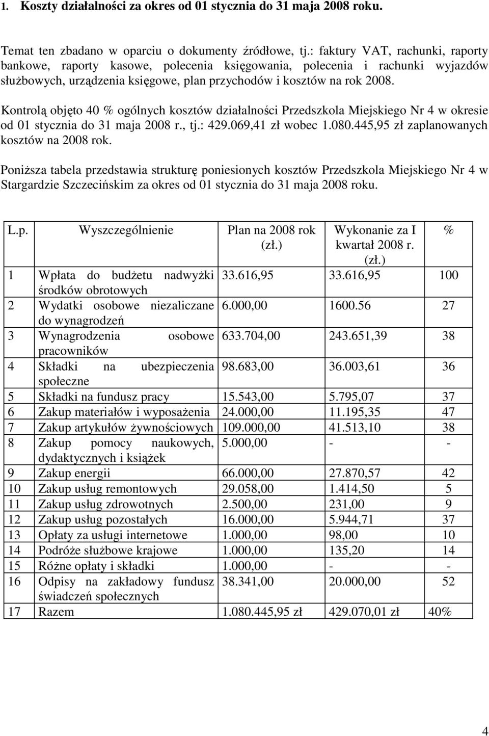 Kontrolą objęto 40 % ogólnych kosztów działalności Przedszkola Miejskiego Nr 4 w okresie od 01 stycznia do 31 maja 2008 r., tj.: 429.069,41 zł wobec 1.080.445,95 zł zaplanowanych kosztów na 2008 rok.