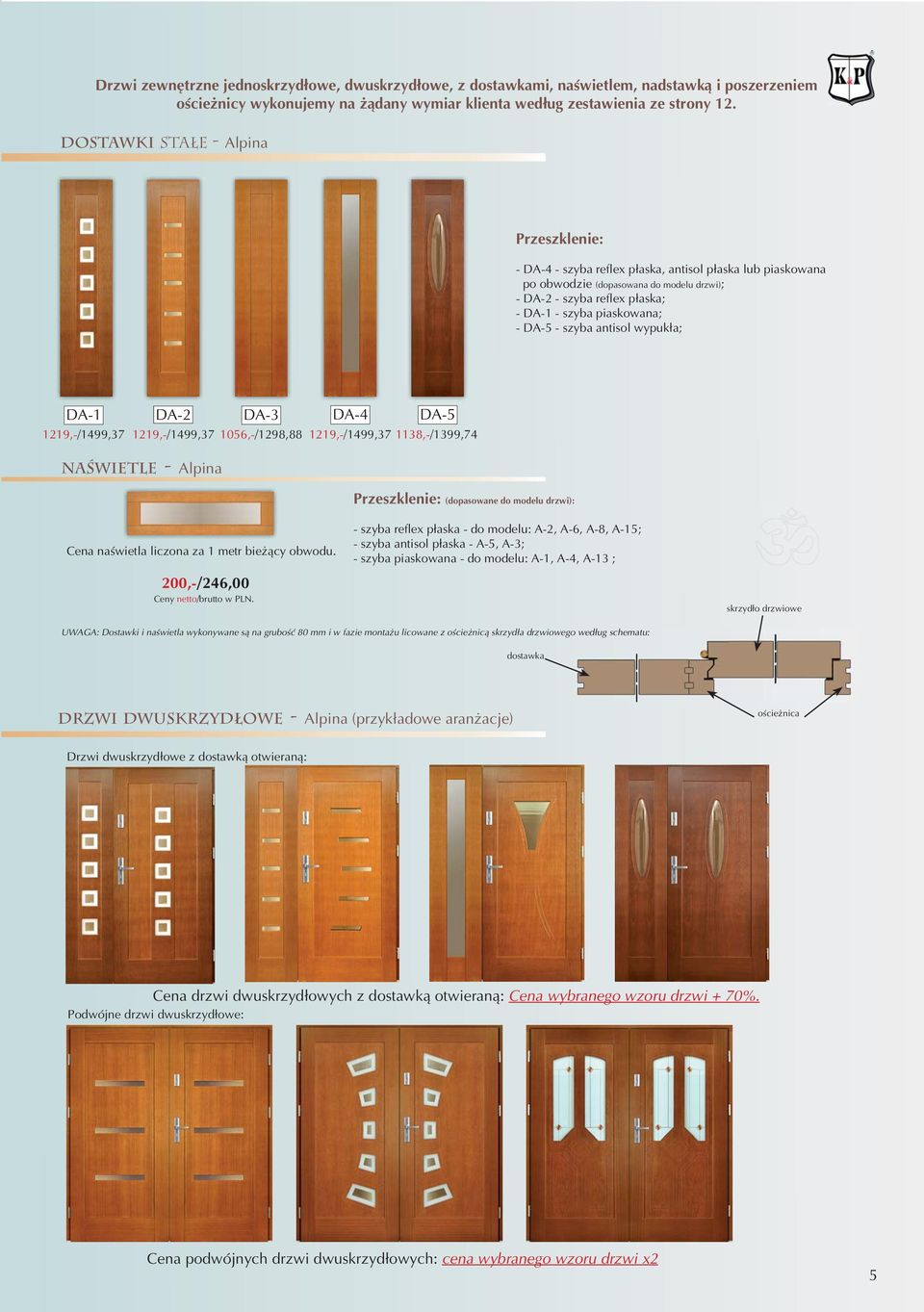 DA-5 - szyba antisol wypukła; DA-1 DA-2 DA-3 DA-4 DA-5 1219,-/1499,37 1219,-/1499,37 1056,-/1298,88 1219,-/1499,37 1138,-/1399,74 naświetle - Alpina Przeszklenie: (dopasowane do modelu drzwi): Cena