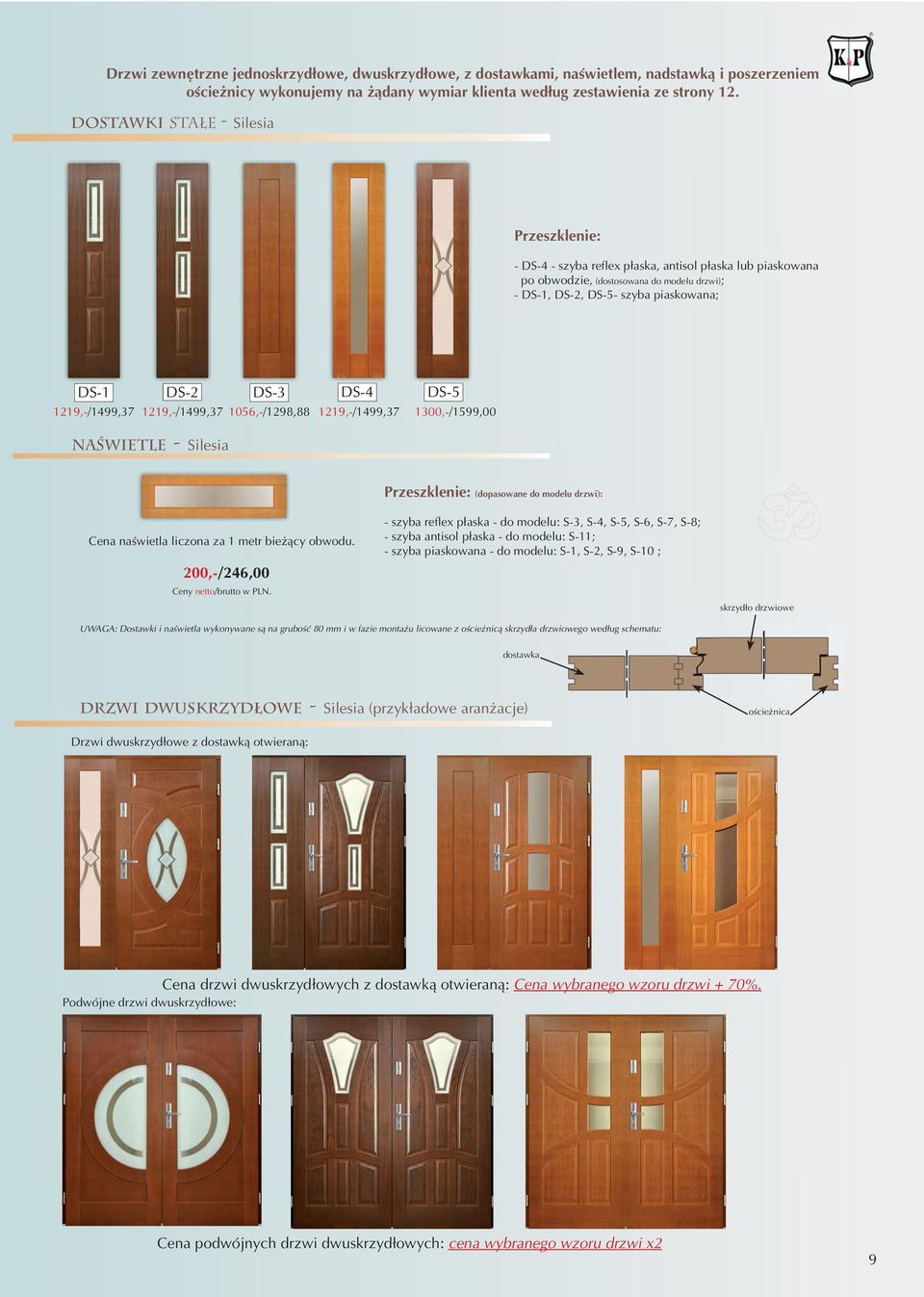 DS-4 DS-5 1219,-/1499,37 1219,-/1499,37 1056,-/1298,88 1219,-/1499,37 1300,-/1599,00 naświetle - Silesia Przeszklenie: (dopasowane do modelu drzwi): Cena naświetla liczona za 1 metr bieżący obwodu.