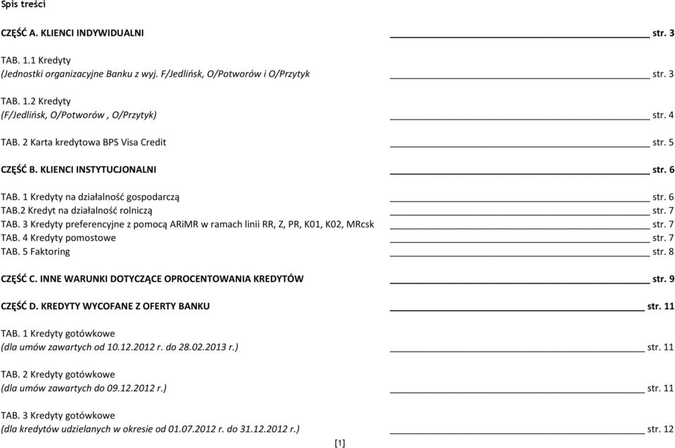 3 Kredyty preferencyjne z pomocą ARiMR w ramach linii RR, Z, PR, K01, K02, MRcsk TAB. 4 Kredyty pomostowe TAB. 5 Faktoring CZĘŚĆ C. INNE WARUNKI DOTYCZĄCE OPROCENTOWANIA KREDYTÓW CZĘŚĆ D.