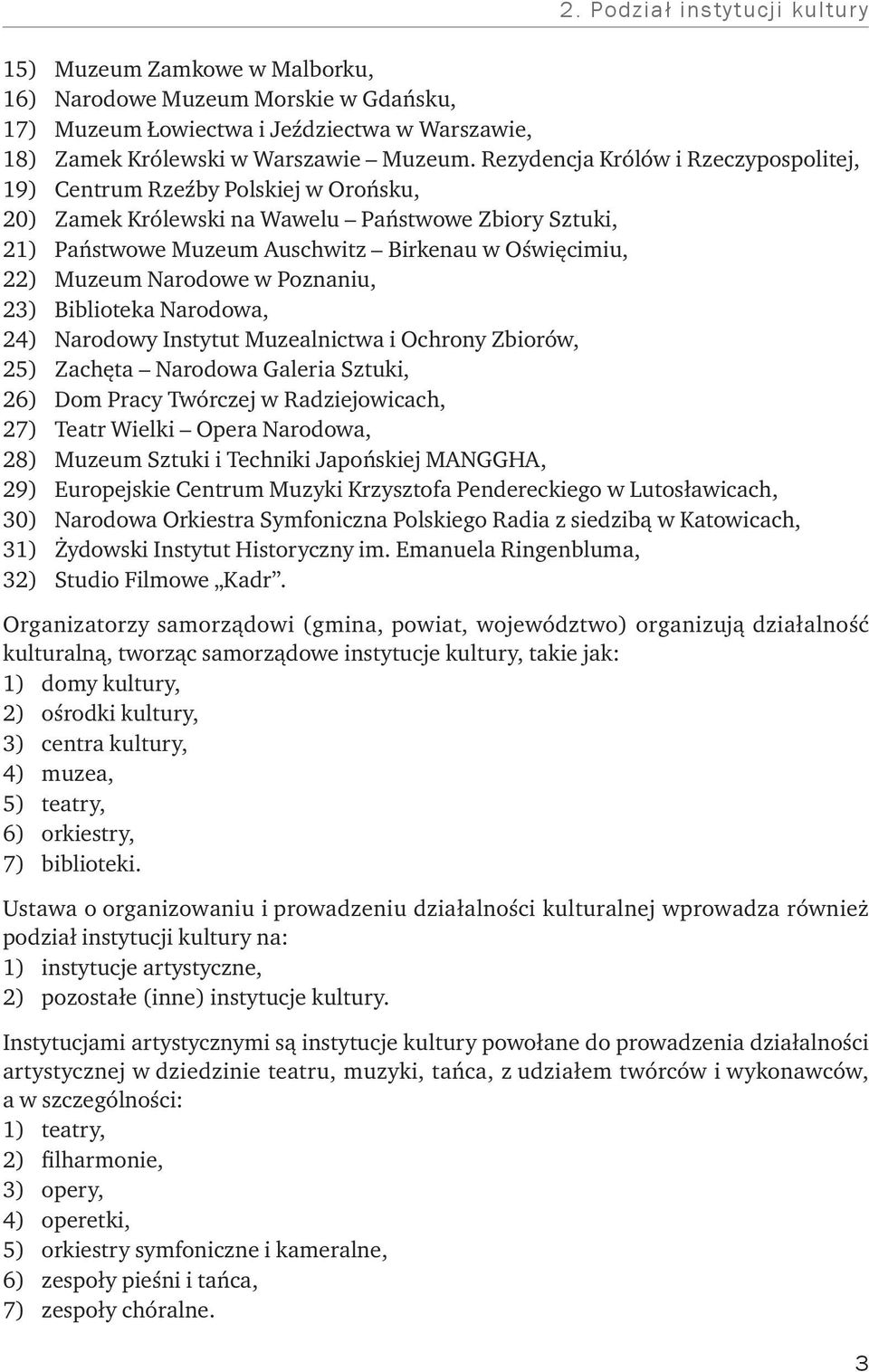 Narodowe w Poznaniu, 23) Biblioteka Narodowa, 24) Narodowy Instytut Muzealnictwa i Ochrony Zbiorów, 25) Zachęta Narodowa Galeria Sztuki, 26) Dom Pracy Twórczej w Radziejowicach, 27) Teatr Wielki