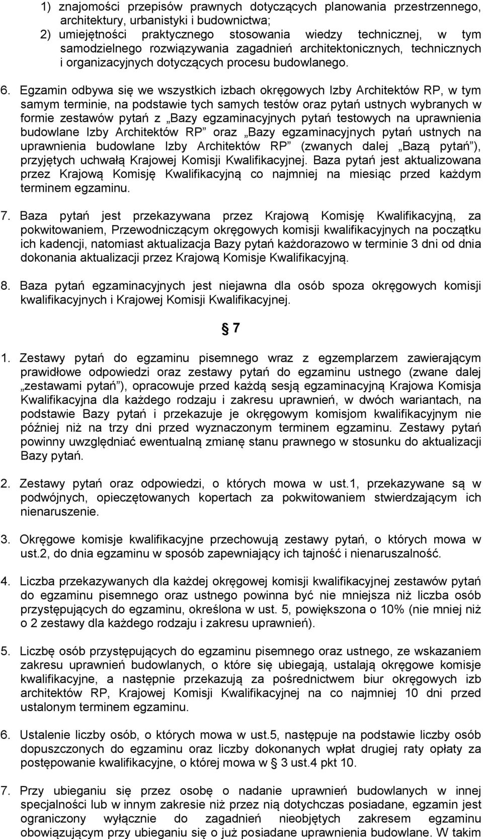 Egzamin odbywa się we wszystkich izbach okręgowych Izby Architektów RP, w tym samym terminie, na podstawie tych samych testów oraz pytań ustnych wybranych w formie zestawów pytań z Bazy