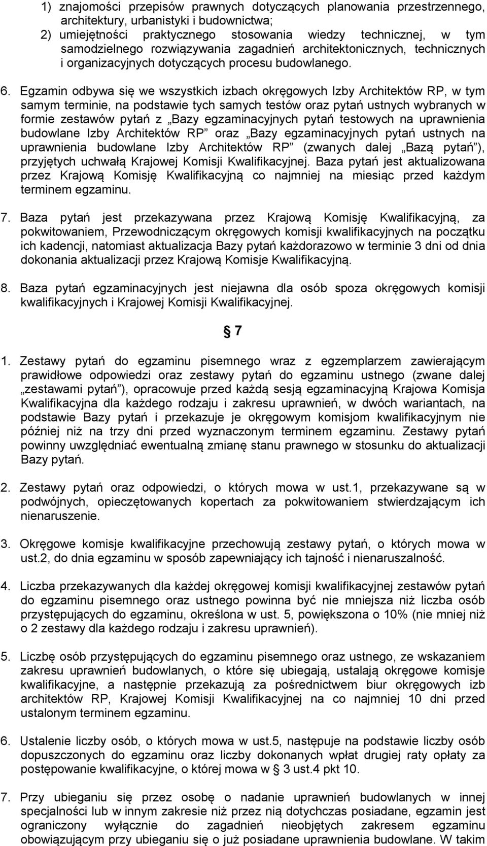 Egzamin odbywa się we wszystkich izbach okręgowych Izby Architektów RP, w tym samym terminie, na podstawie tych samych testów oraz pytań ustnych wybranych w formie zestawów pytań z Bazy