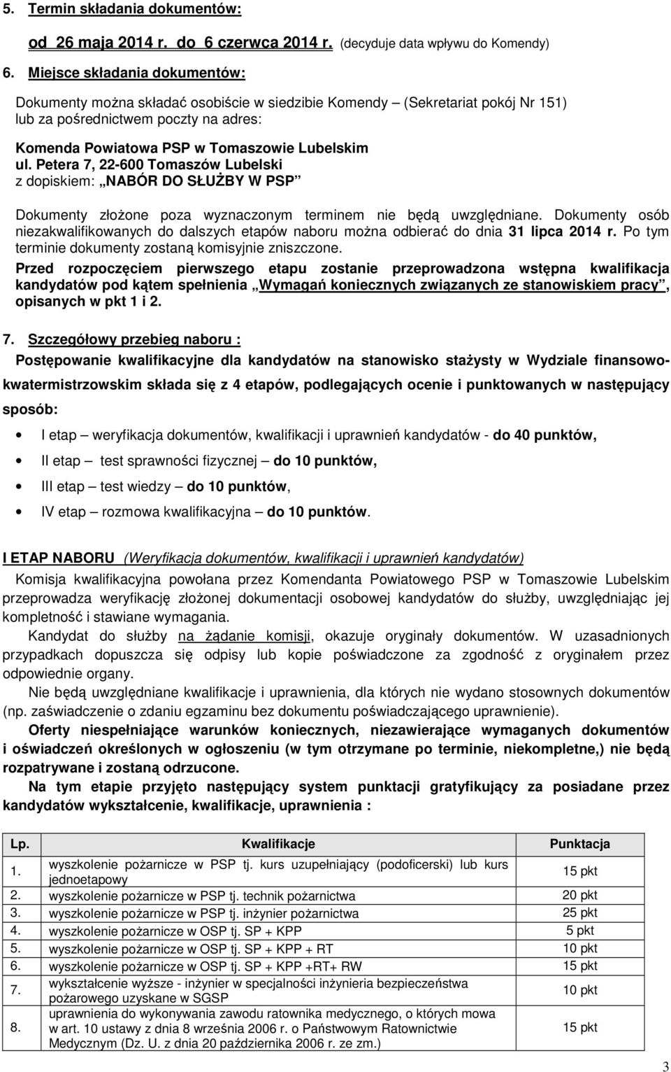 Petera 7, 22-600 Tomaszów Lubelski z dopiskiem: NABÓR DO SŁUŻBY W PSP Dokumenty złożone poza wyznaczonym terminem nie będą uwzględniane.