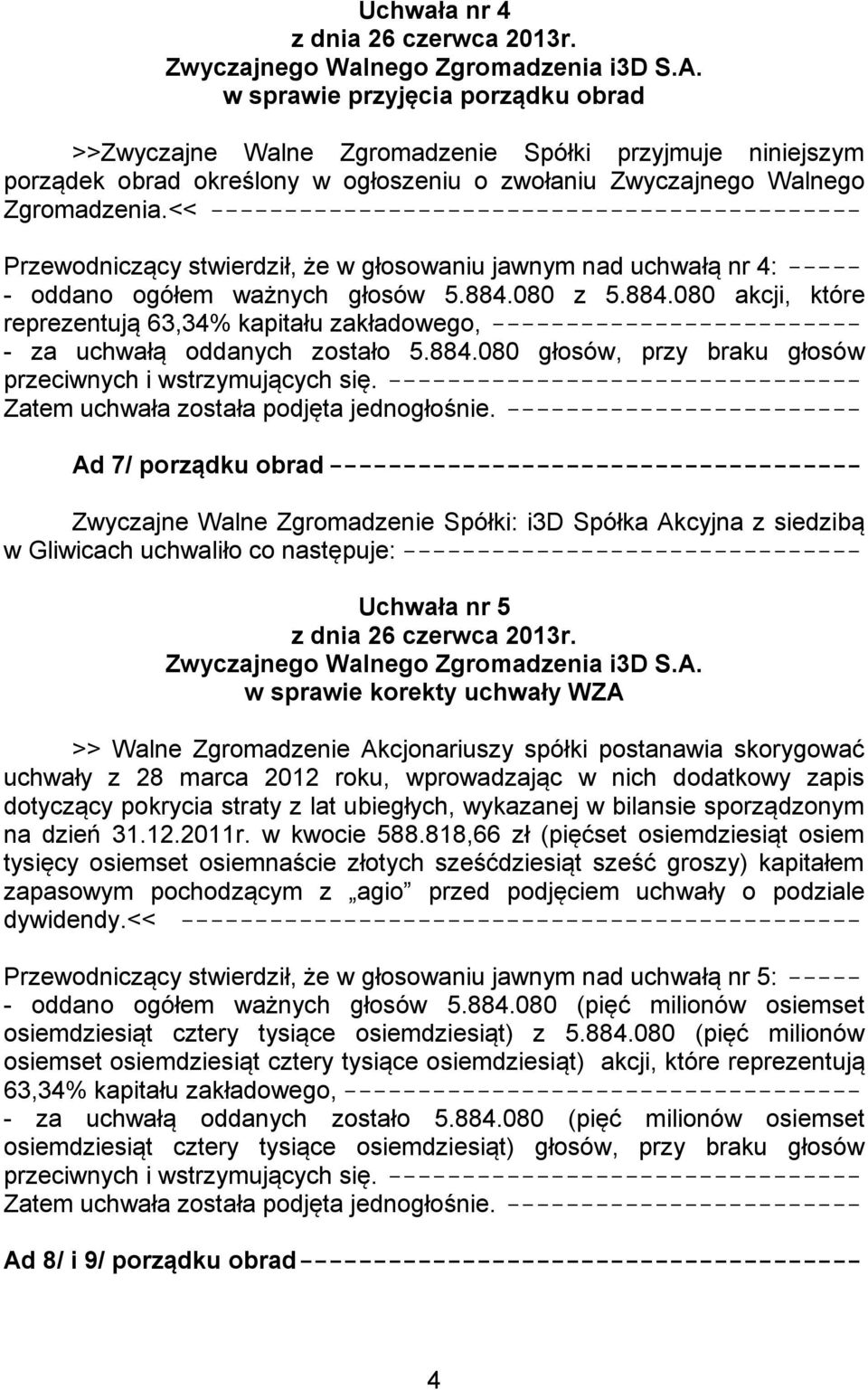 porządku obrad ------------------------------------ Zwyczajne Walne Zgromadzenie Spółki: i3d Spółka Akcyjna z siedzibą w Gliwicach uchwaliło co następuje: ------------------------------- Uchwała nr 5