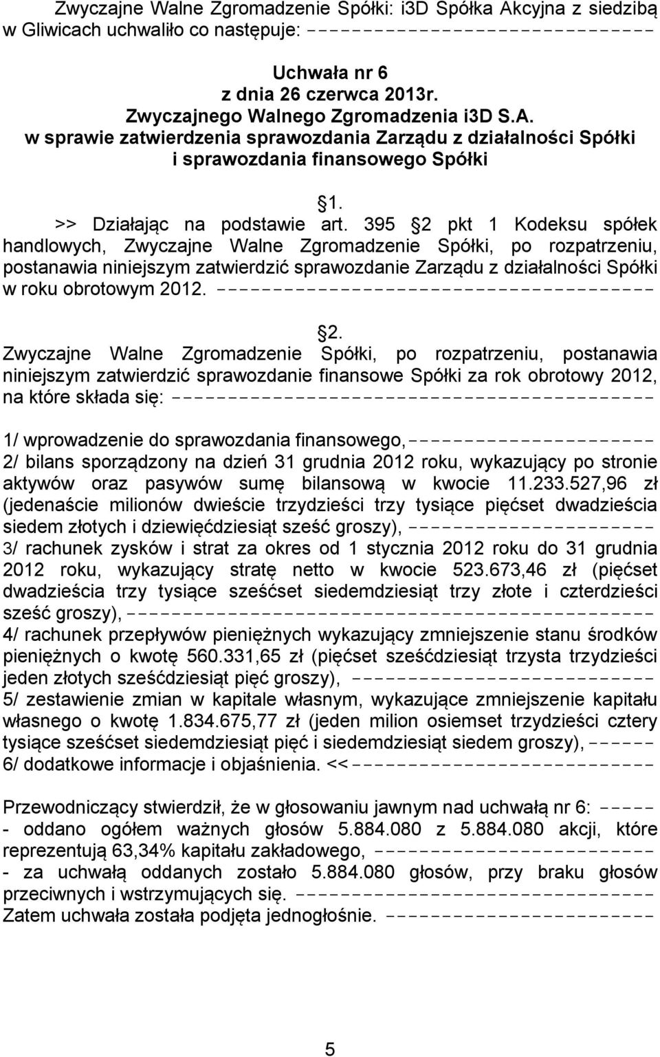 395 2 pkt 1 Kodeksu spółek handlowych, Zwyczajne Walne Zgromadzenie Spółki, po rozpatrzeniu, postanawia niniejszym zatwierdzić sprawozdanie Zarządu z działalności Spółki w roku obrotowym 2012.