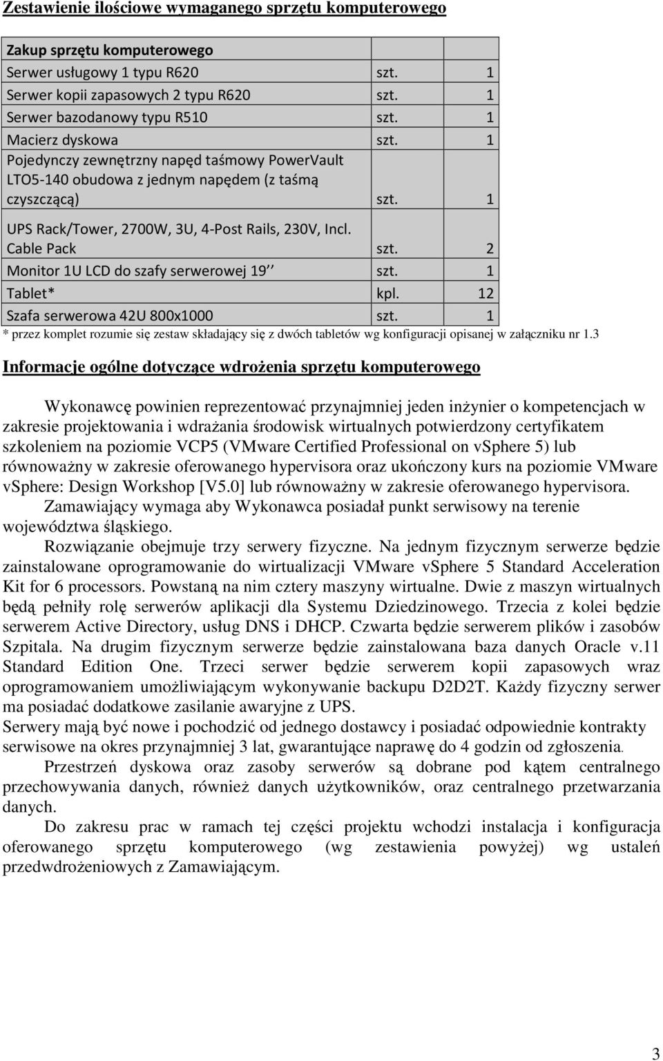 Cable Pack szt. 2 Monitor 1U LCD do szafy serwerowej 19 szt. 1 Tablet* kpl. 12 Szafa serwerowa 42U 800x1000 szt.