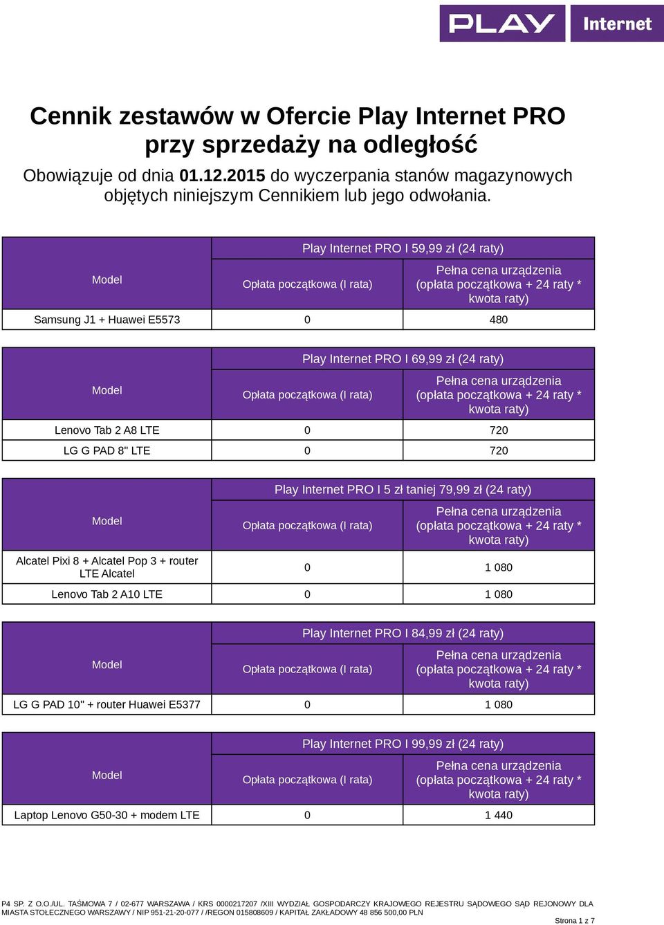 Play Internet PRO I 59,99 zł (24 raty) Samsung J1 + Huawei 0 480 Play Internet PRO I 69,99 zł (24 raty) Lenovo Tab 2 A8 LTE 0 720 LG G PAD 8" LTE 0 720 Alcatel