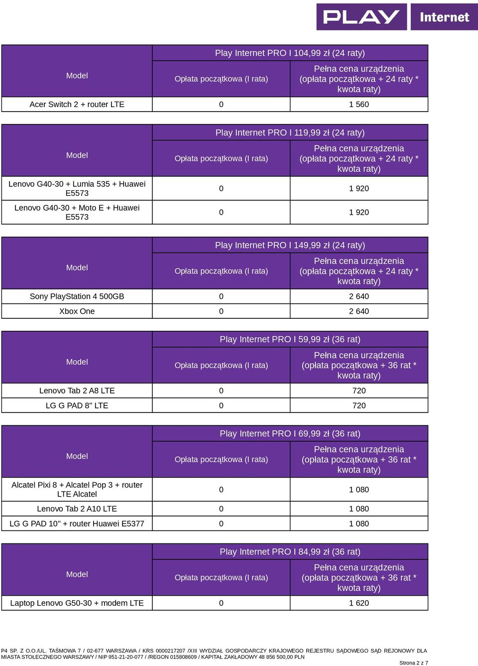 zł (36 rat) Lenovo Tab 2 A8 LTE 0 720 LG G PAD 8" LTE 0 720 Alcatel Pixi 8 + Alcatel Pop 3 + router LTE Alcatel Play Internet PRO I 69,99 zł (36 rat) 0 1 080