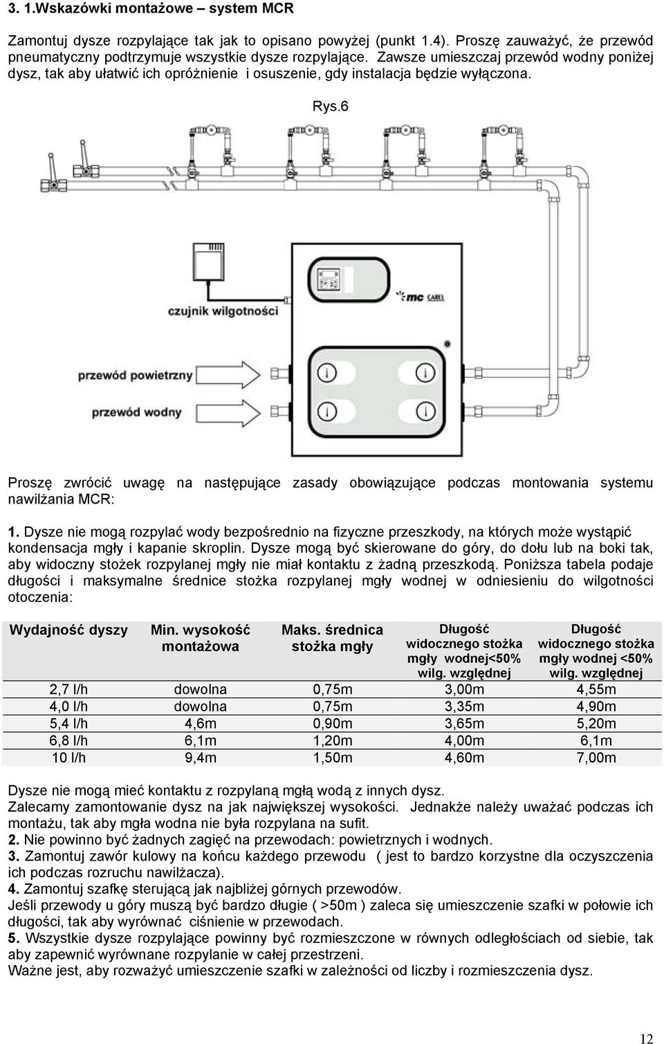 6 Proszę zwrócić uwagę na następujące zasady obowiązujące podczas montowania systemu nawilżania MCR: 1.