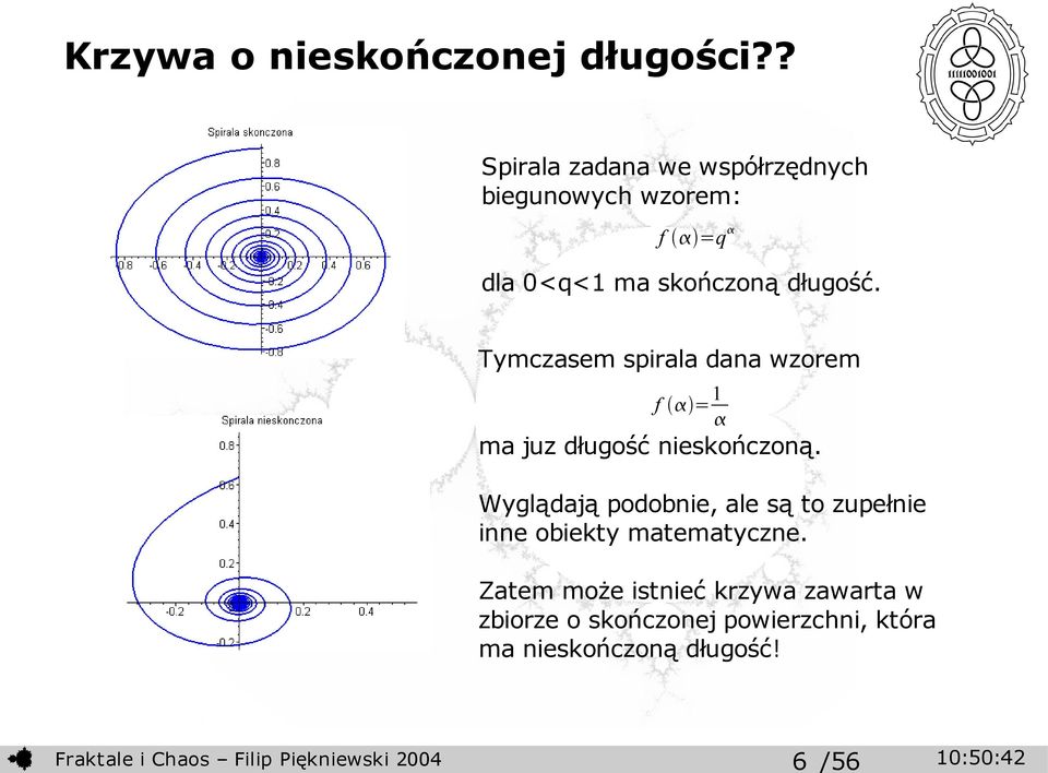 Tymczasem spirala dana wzorem f = 1 ma juz długość nieskończoną.
