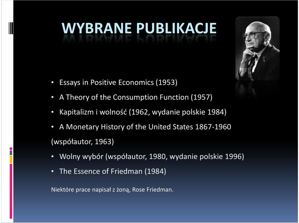 of the United States 1867-1960 (współautor, 1963) Wolny wybór (współautor, 1980,