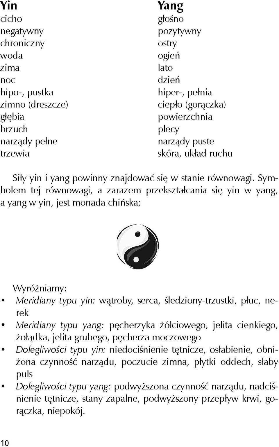 Symbolem tej równowagi, a zarazem przekształcania się yin w yang, a yang w yin, jest monada chińska: Wyróżniamy: Meridiany typu yin: wątroby, serca, śledziony-trzustki, płuc, nerek Meridiany typu