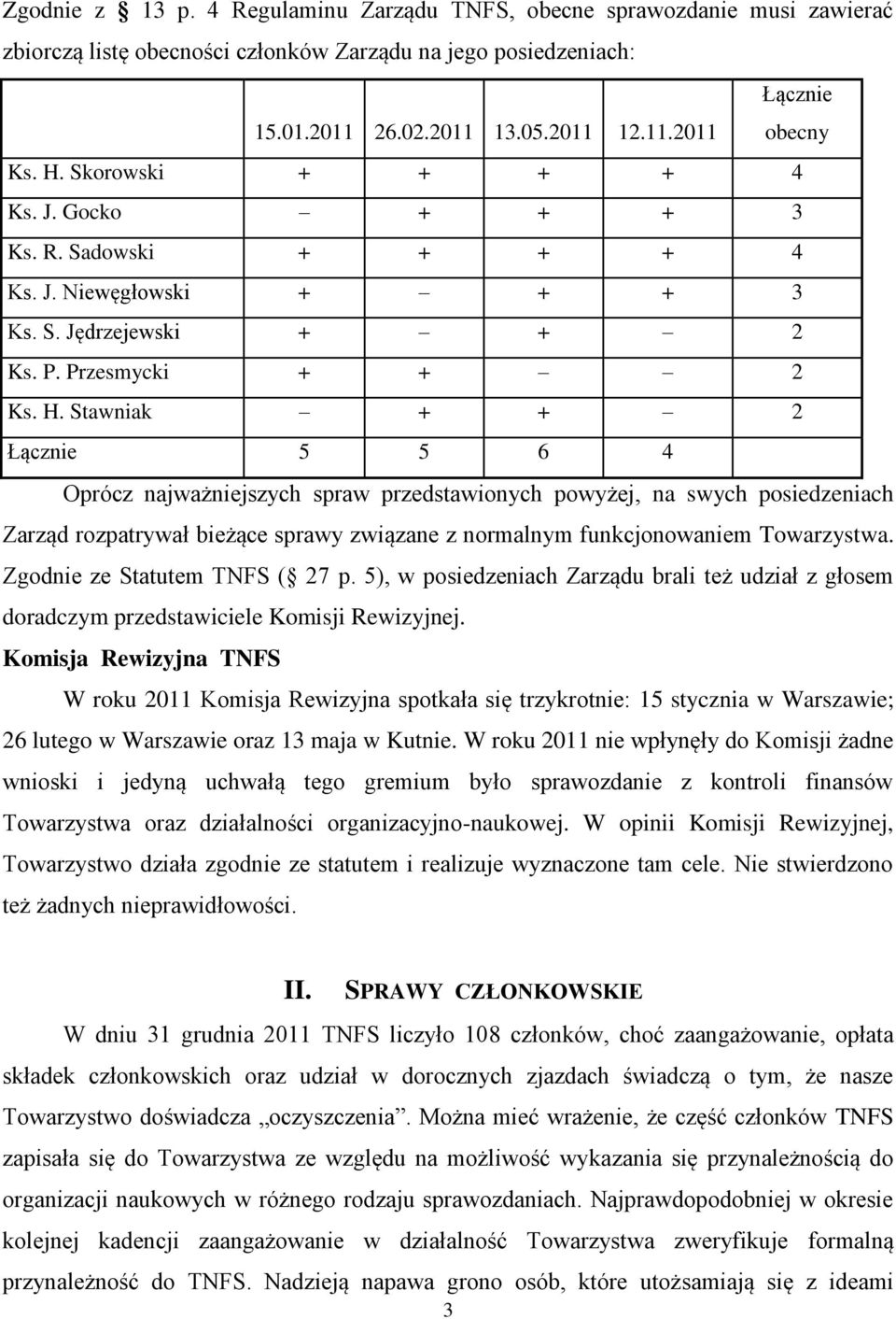 Stawniak + + 2 Łącznie 5 5 6 4 Oprócz najważniejszych spraw przedstawionych powyżej, na swych posiedzeniach Zarząd rozpatrywał bieżące sprawy związane z normalnym funkcjonowaniem Towarzystwa.