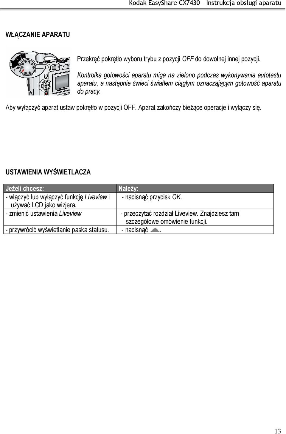 Aby wyłączyć aparat ustaw pokrętło w pozycji OFF. Aparat zakończy bieżące operacje i wyłączy się.