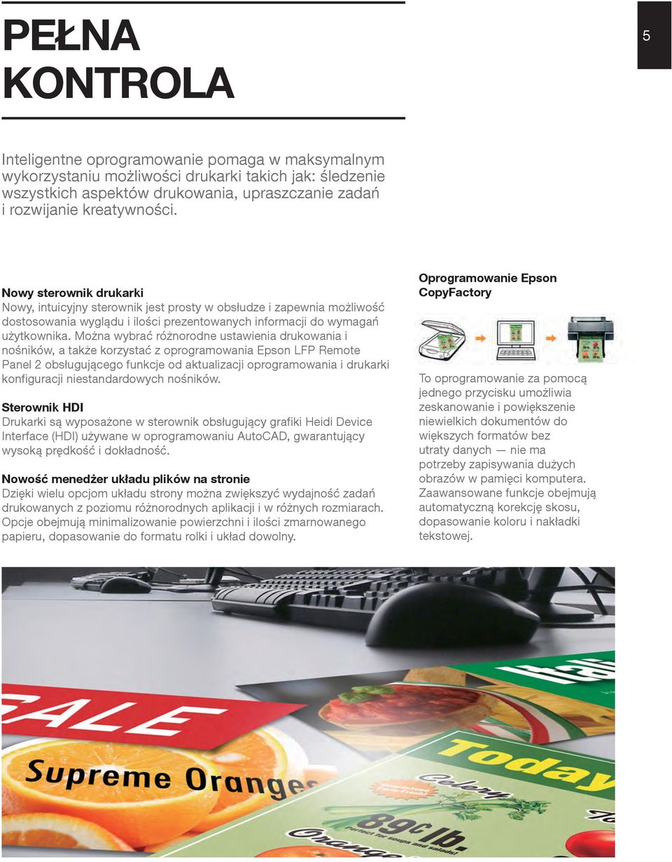 Można wybrać różnorodne ustawienia drukowania i nośników, a także korzystać z oprogramowania Epson LFP Remote Panel 2 obsługującego funkcje od aktualizacji oprogramowania i drukarki konfiguracji