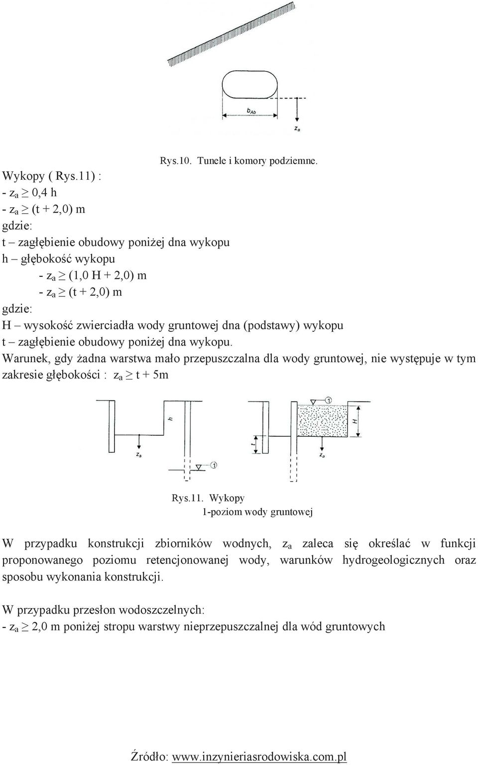 dna (podstawy) wykopu t zagłębienie obudowy poniżej dna wykopu. Warunek, gdy żadna warstwa mało przepuszczalna dla wody gruntowej, nie występuje w tym zakresie głębokości : z a t + 5m Rys.