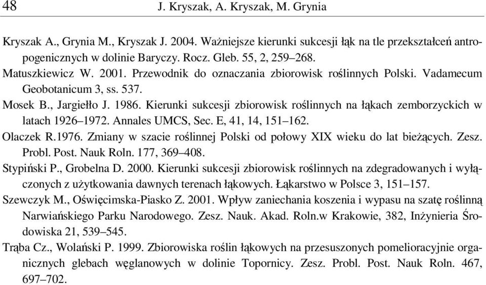 Kierunki sukcesji zbiorowisk rolinnych na łkach zemborzyckich w latach 1926 1972. Annales UMCS, Sec. E, 41, 14, 151 162. Olaczek R.1976.