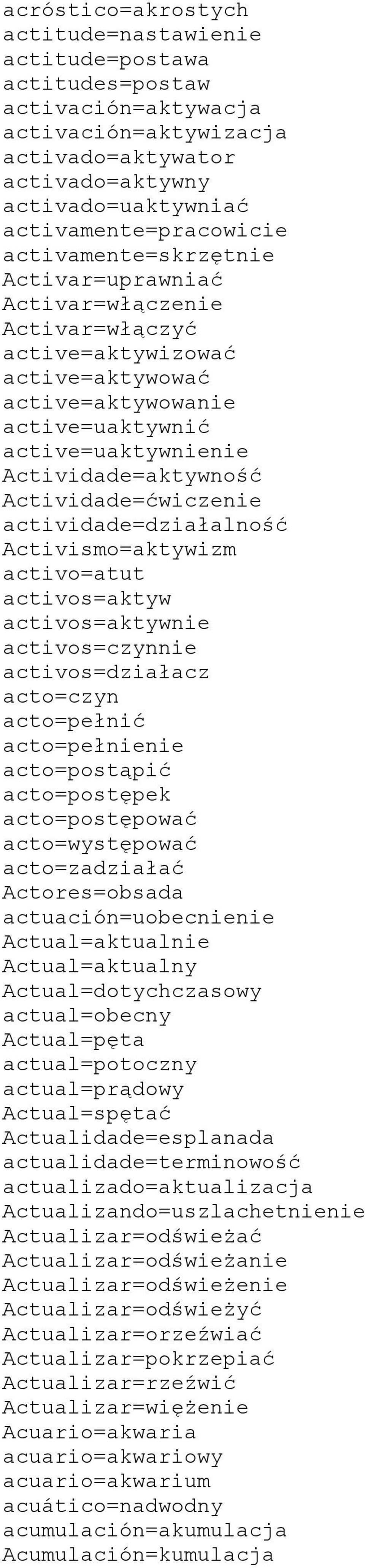 Actividade=ćwiczenie actividade=działalność Activismo=aktywizm activo=atut activos=aktyw activos=aktywnie activos=czynnie activos=działacz acto=czyn acto=pełnić acto=pełnienie acto=postąpić