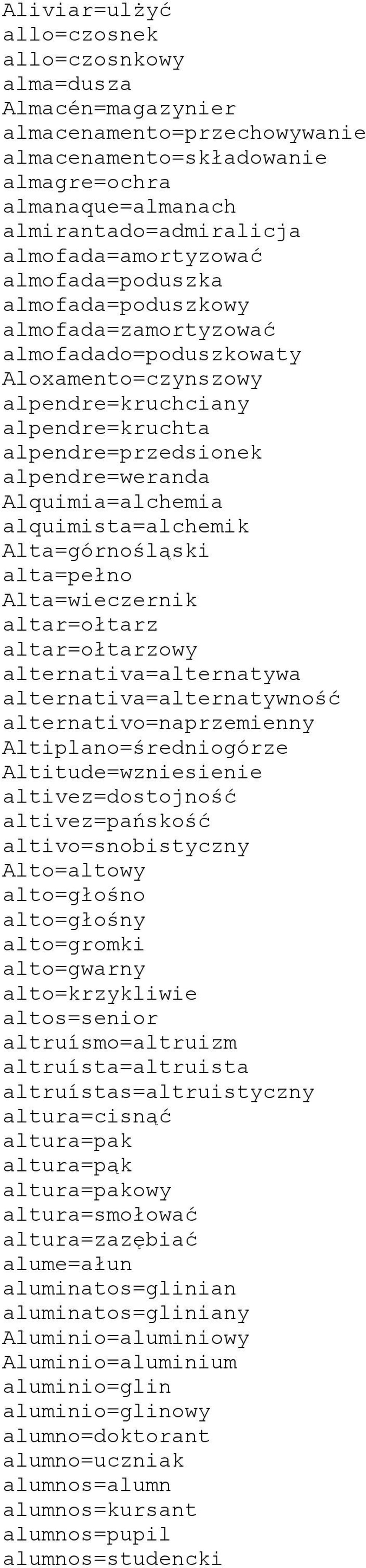 alpendre=weranda Alquimia=alchemia alquimista=alchemik Alta=górnośląski alta=pełno Alta=wieczernik altar=ołtarz altar=ołtarzowy alternativa=alternatywa alternativa=alternatywność