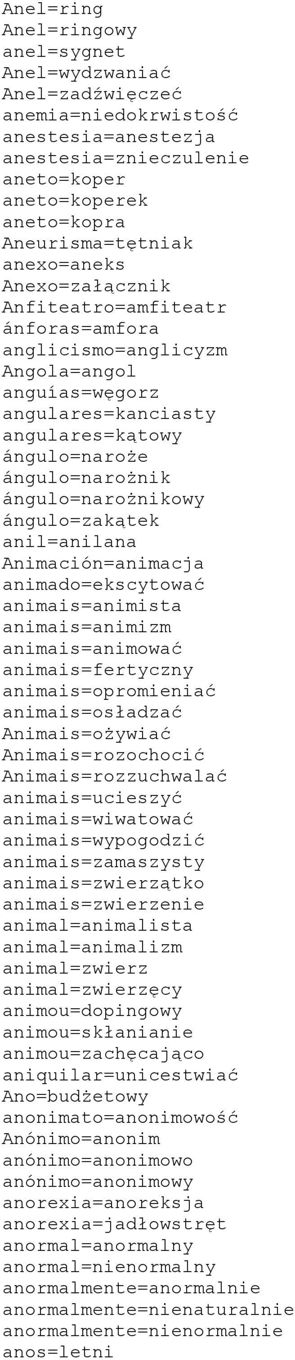 ángulo=zakątek anil=anilana Animación=animacja animado=ekscytować animais=animista animais=animizm animais=animować animais=fertyczny animais=opromieniać animais=osładzać Animais=ożywiać