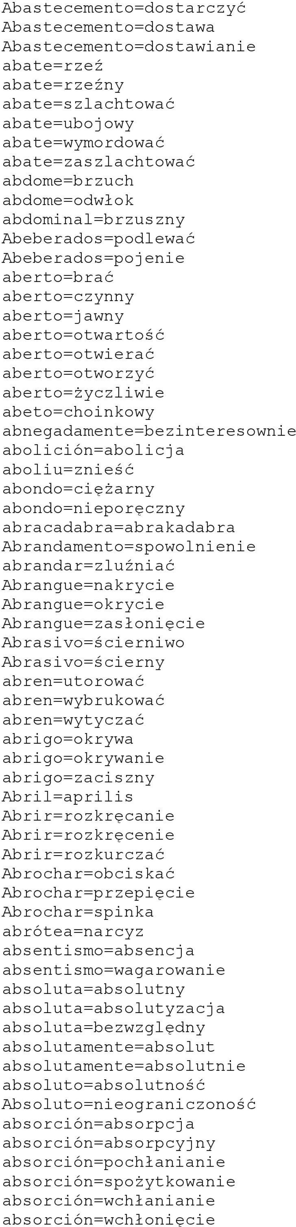 abnegadamente=bezinteresownie abolición=abolicja aboliu=znieść abondo=ciężarny abondo=nieporęczny abracadabra=abrakadabra Abrandamento=spowolnienie abrandar=zluźniać Abrangue=nakrycie