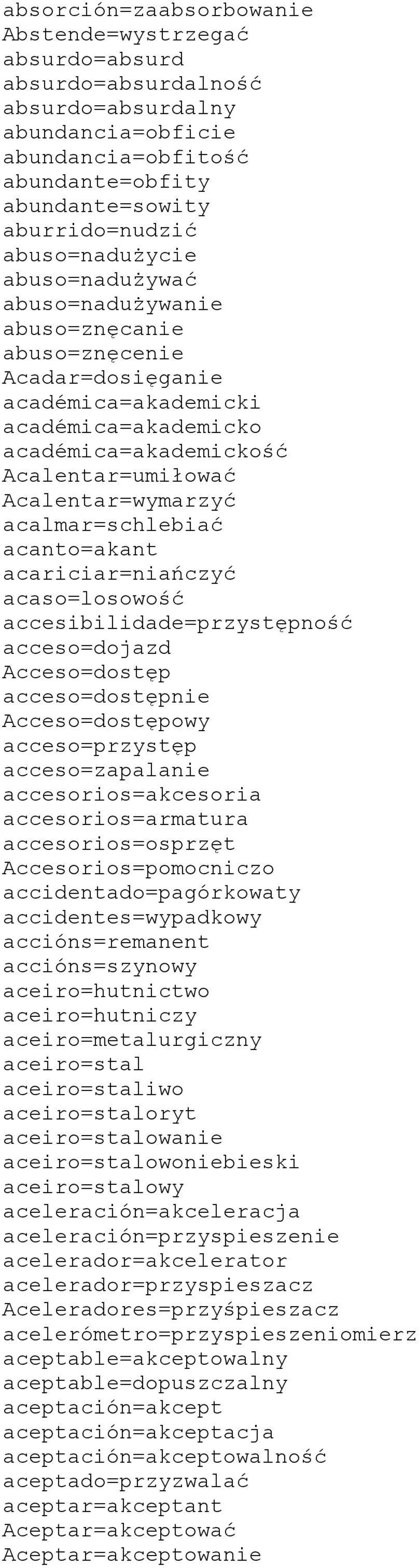 Acalentar=wymarzyć acalmar=schlebiać acanto=akant acariciar=niańczyć acaso=losowość accesibilidade=przystępność acceso=dojazd Acceso=dostęp acceso=dostępnie Acceso=dostępowy acceso=przystęp