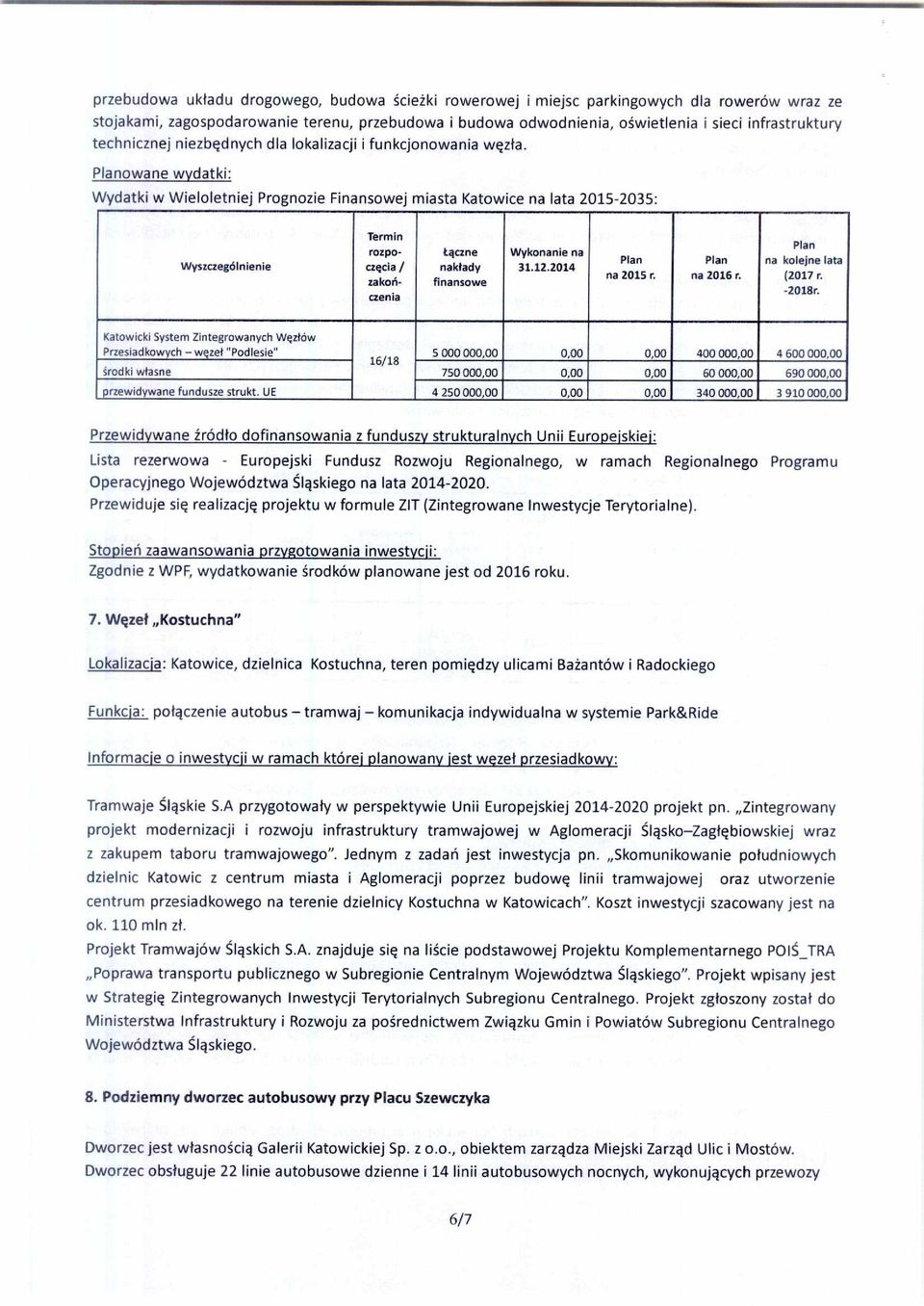 owane wydatki: Wydatki w Wieloletniej Prognozie Finansowej miasta Katowice na lata 2015-2035: Wyszczególnienie rozpoczęcia / zako ń - łączne nak łady Wykonanie na 31.12.2014 na 2015 r. na 2016 r.
