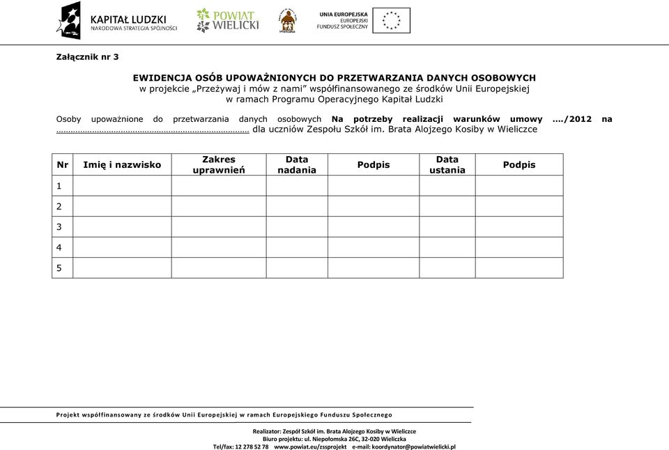 do przetwarzania danych osobowych Na potrzeby realizacji warunków umowy./2012 na dla uczniów Zespołu Szkół im.