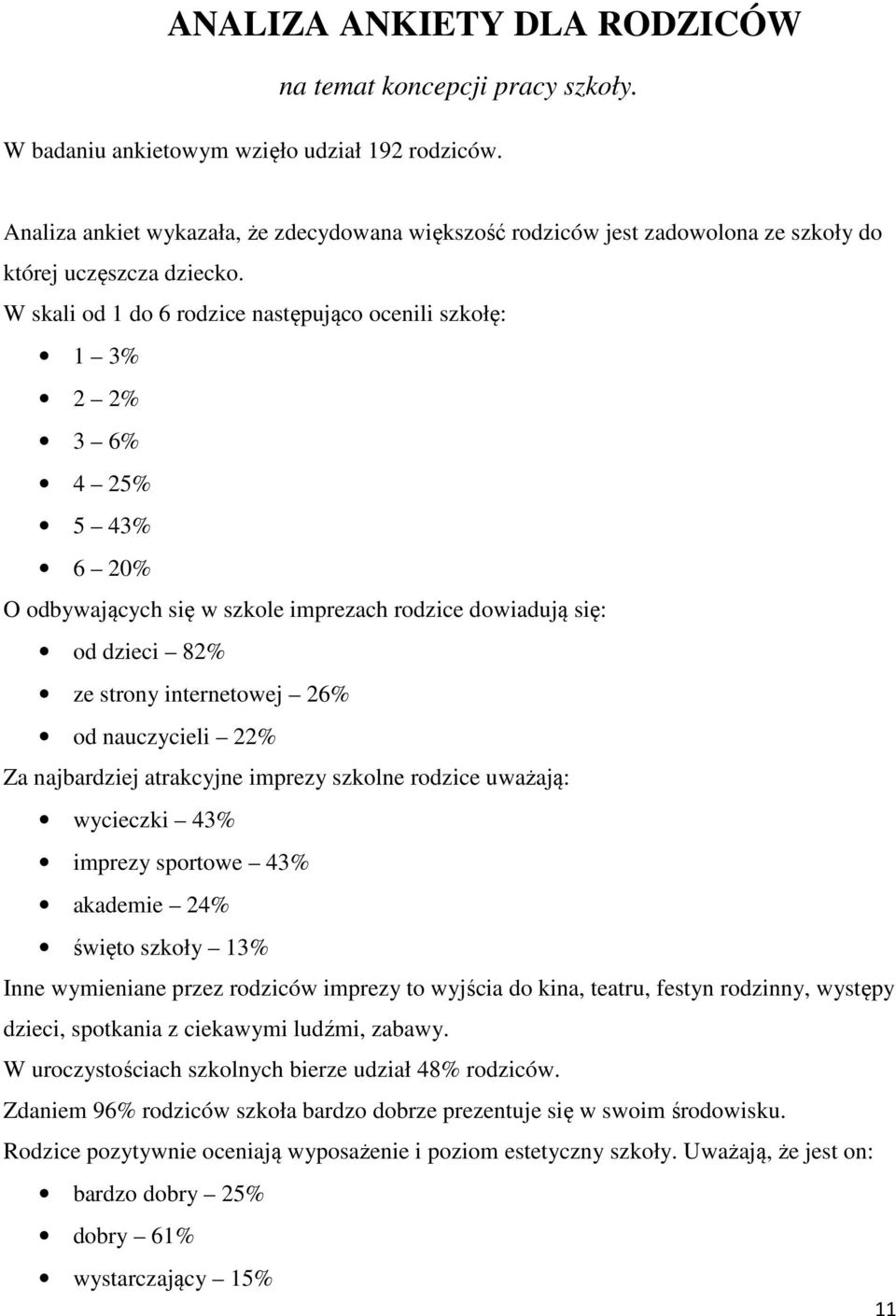 W skali od 1 do 6 rodzice następująco ocenili szkołę: 1 3% 2 2% 3 6% 4 25% 5 43% 6 20% O odbywających się w szkole imprezach rodzice dowiadują się: od dzieci 82% ze strony internetowej 26% od