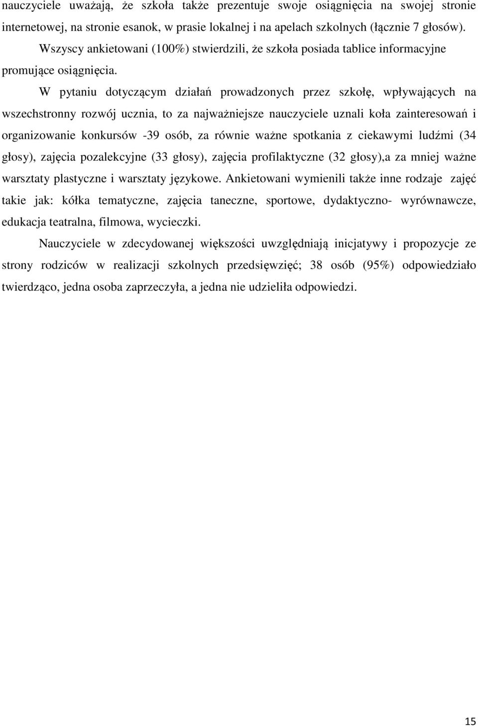 W pytaniu dotyczącym działań prowadzonych przez szkołę, wpływających na wszechstronny rozwój ucznia, to za najważniejsze nauczyciele uznali koła zainteresowań i organizowanie konkursów -39 osób, za