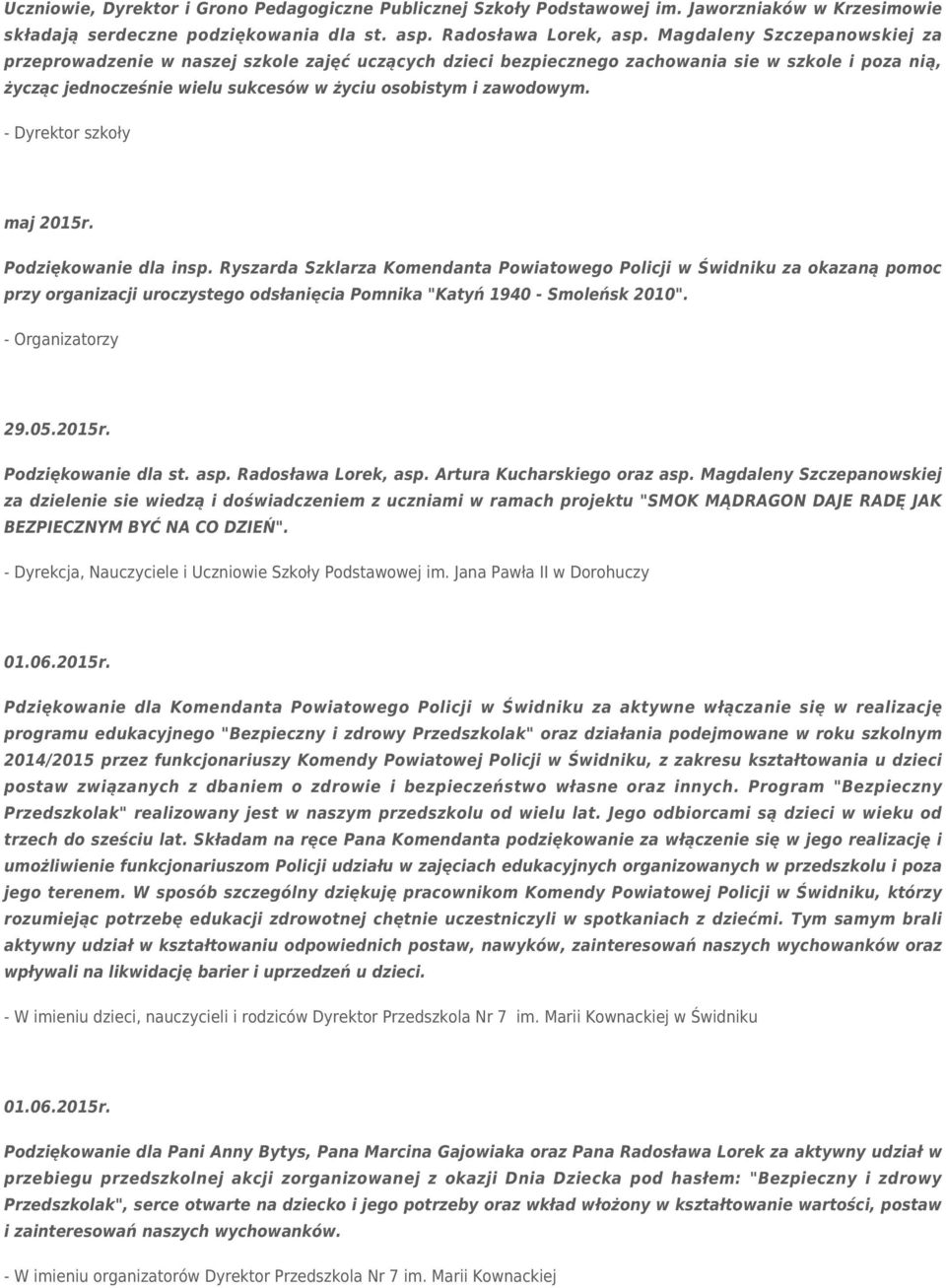 - Dyrektor szkoły maj 2015r. Podziękowanie dla insp.
