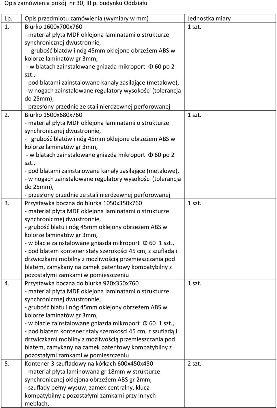 , - pod blatami zainstalowane kanały zasilające (metalowe), - w nogach zainstalowane regulatory wysokości (tolerancja do 25mm), - przesłony przednie ze stali nierdzewnej perforowanej 2.