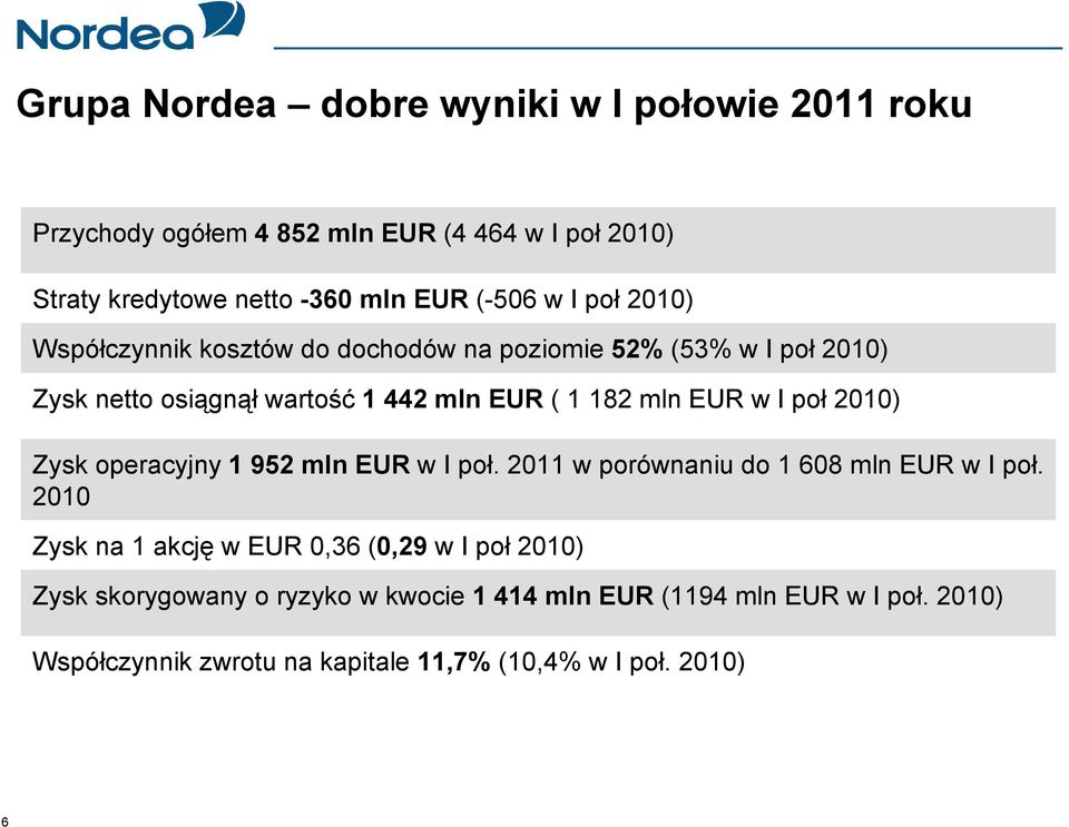 I poł 2010) Zysk operacyjny 1 952 mln EUR w I poł. 2011 w porównaniu do 1 608 mln EUR w I poł.