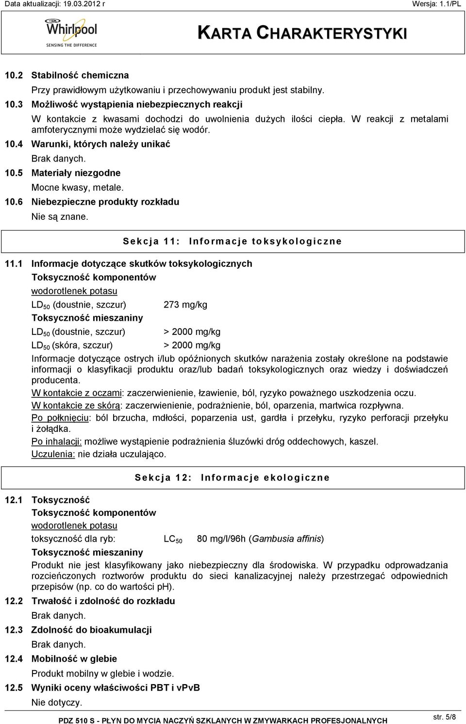 4 Warunki, których należy unikać Brak danych. 10.5 Materiały niezgodne Mocne kwasy, metale. 10.6 Niebezpieczne produkty rozkładu Nie są znane. Sekcja 11: Informacje toksykologiczne 11.