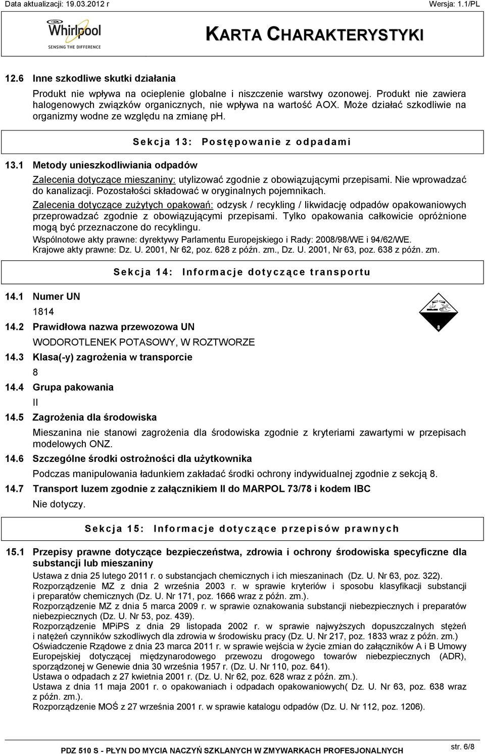 1 Metody unieszkodliwiania odpadów Sekcja 13: Postępowanie z odpadami Zalecenia dotyczące mieszaniny: utylizować zgodnie z obowiązującymi przepisami. Nie wprowadzać do kanalizacji.