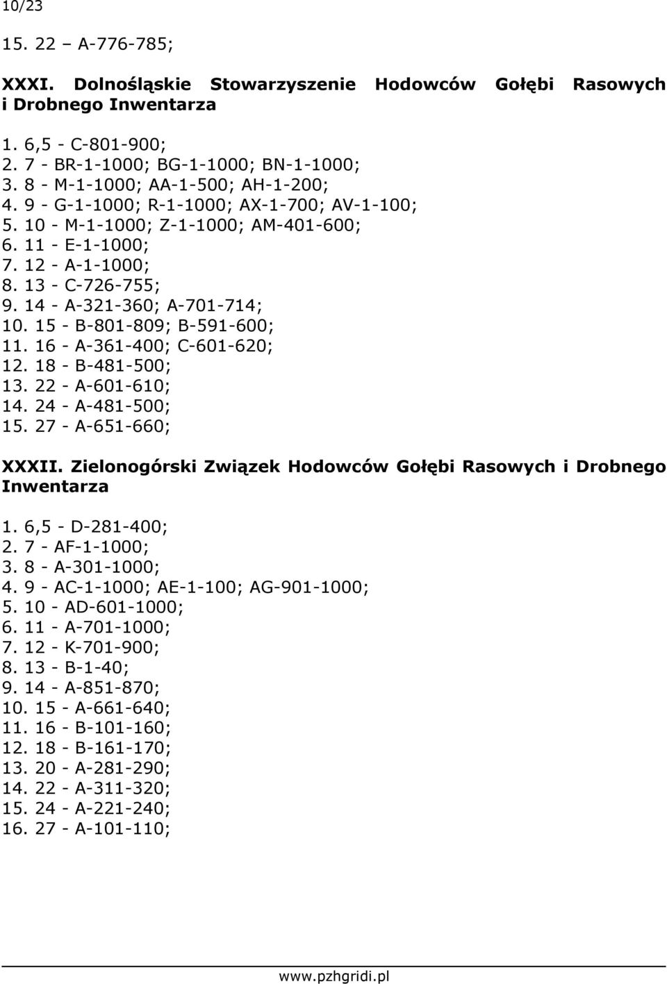 14 - A-321-360; A-701-714; 10. 15 - B-801-809; B-591-600; 11. 16 - A-361-400; C-601-620; 12. 18 - B-481-500; 13. 22 - A-601-610; 14. 24 - A-481-500; 15. 27 - A-651-660; XXXII.