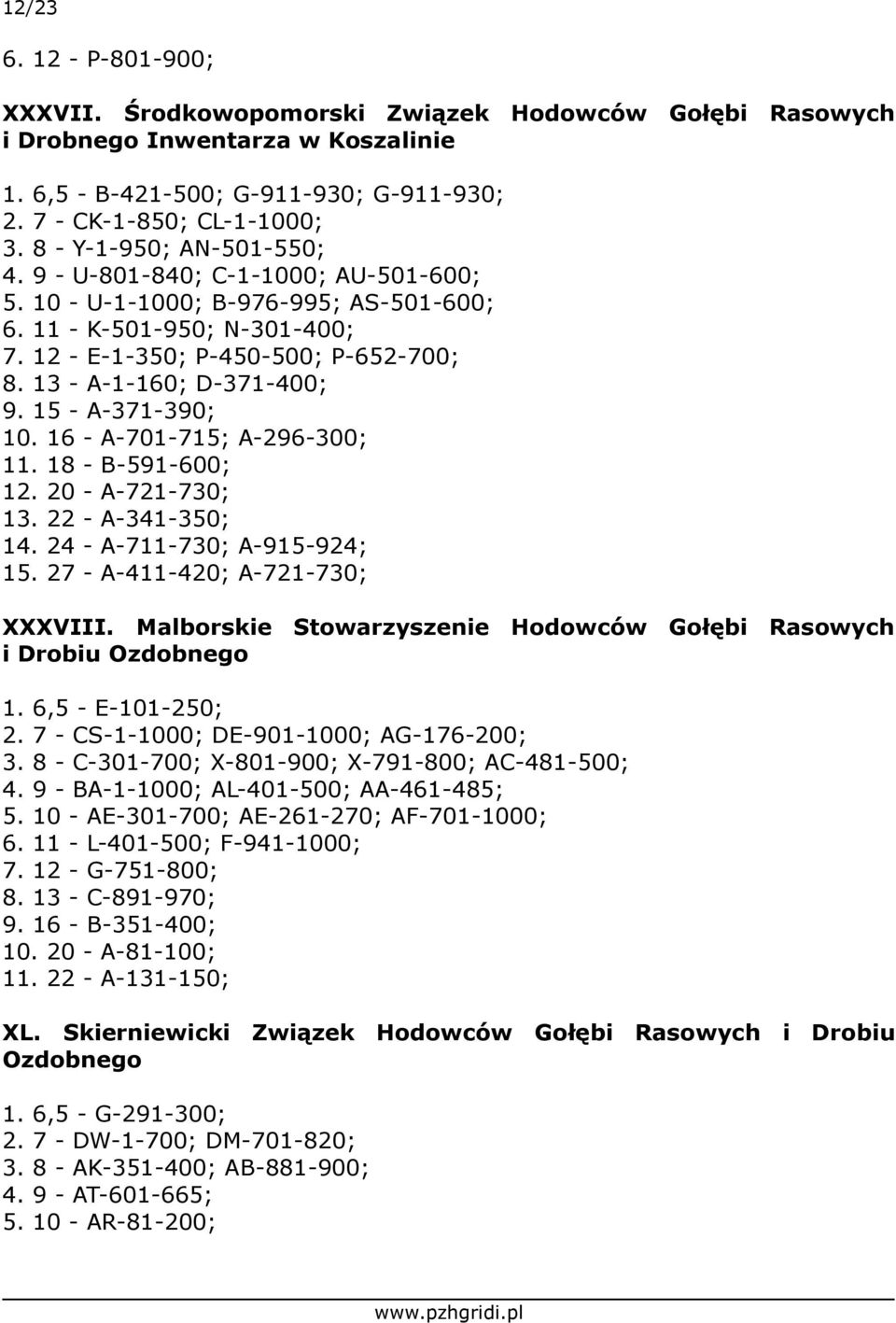 13 - A-1-160; D-371-400; 9. 15 - A-371-390; 10. 16 - A-701-715; A-296-300; 11. 18 - B-591-600; 12. 20 - A-721-730; 13. 22 - A-341-350; 14. 24 - A-711-730; A-915-924; 15.