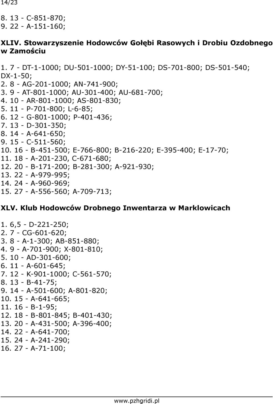 14 - A-641-650; 9. 15 - C-511-560; 10. 16 - B-451-500; E-766-800; B-216-220; E-395-400; E-17-70; 11. 18 - A-201-230, C-671-680; 12. 20 - B-171-200; B-281-300; A-921-930; 13. 22 - A-979-995; 14.