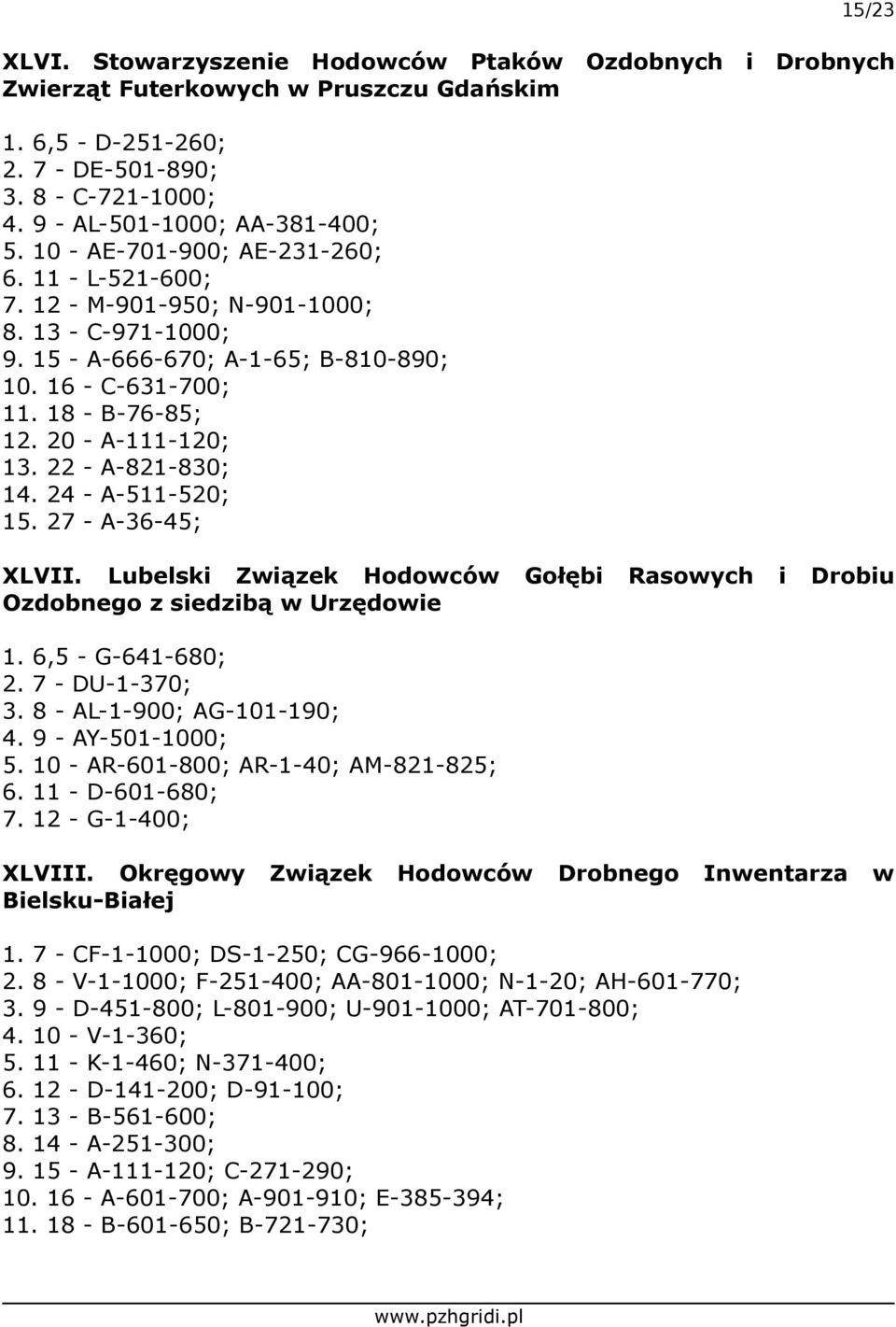 22 - A-821-830; 14. 24 - A-511-520; 15. 27 - A-36-45; XLVII. Lubelski Związek Hodowców Gołębi Rasowych i Drobiu z siedzibą w Urzędowie 1. 6,5 - G-641-680; 2. 7 - DU-1-370; 3.